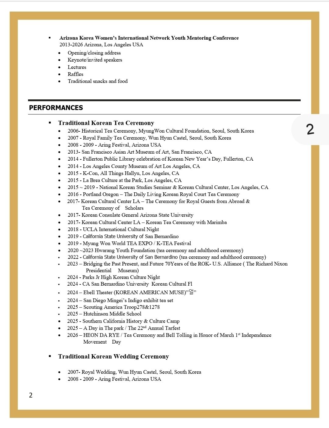 Tea ceremony performance list