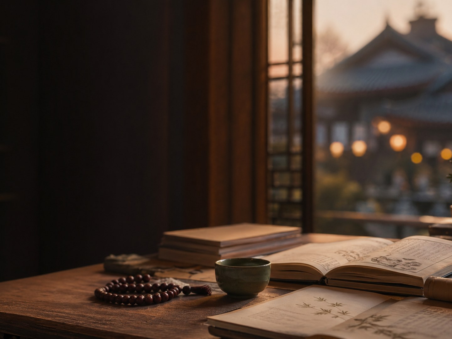 Buddhist university study desk with books, tea, and contemplative light