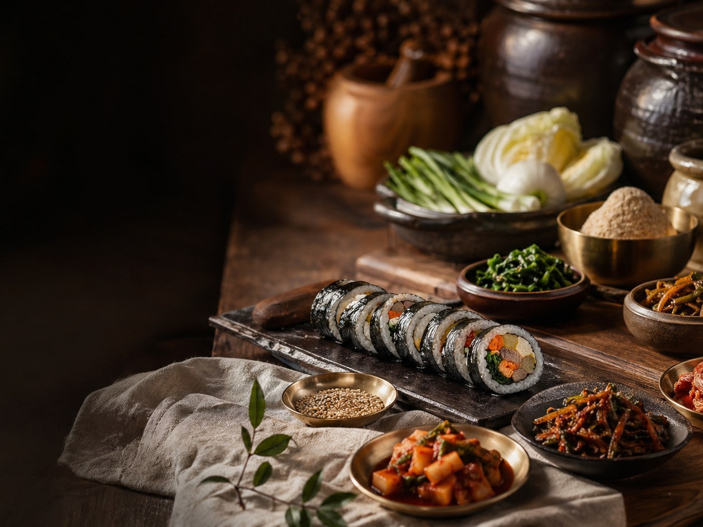Korean food culture table with kimbap, kimchi, and banchan