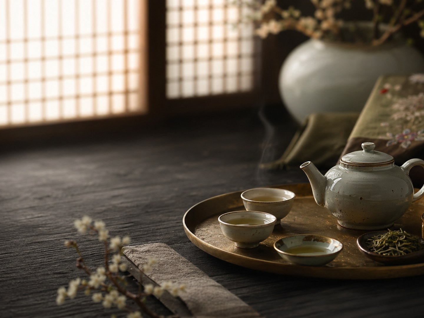 Korean tea ceremony table with ceramic teapot and cups